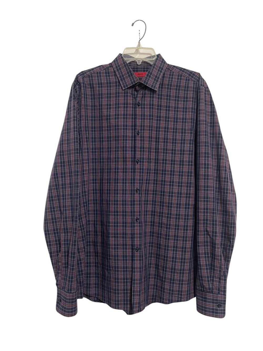 Hugo Boss Sharp Fit Dress Shirt Check Blue Red White Mens Size Large 16.5